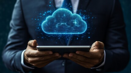 A cloud technology concept displayed above a tablet held by a businessman, with the background emphasizing the digital and innovative nature of cloud computing.