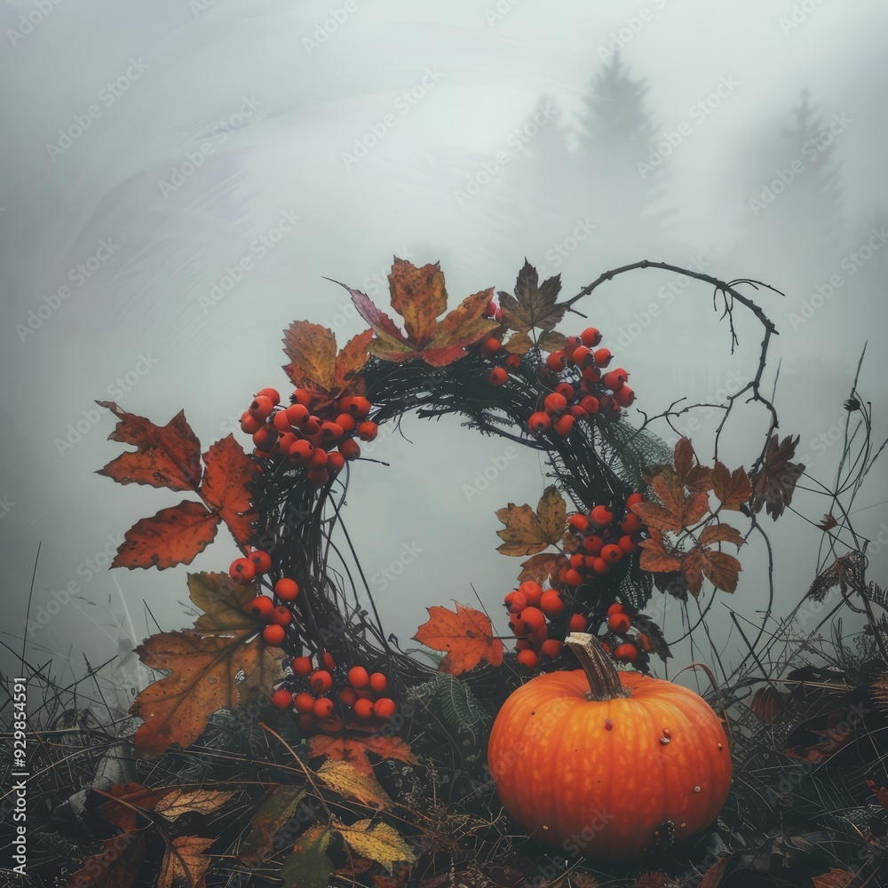 Sticker autumn wreath with pumpkin on smoke background.