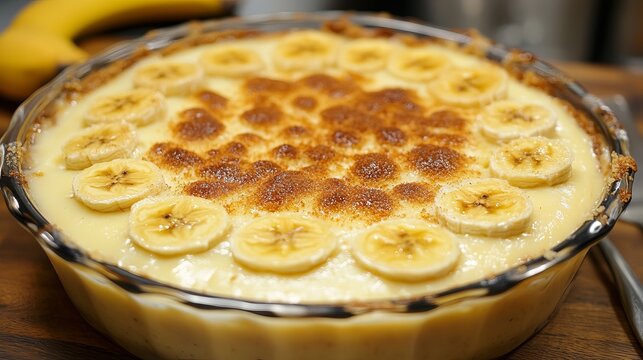 A homemade banana custard pudding cake pie, featuring a creamy banana custard filling encased in a flaky pie crust, topped with a golden, baked layer.