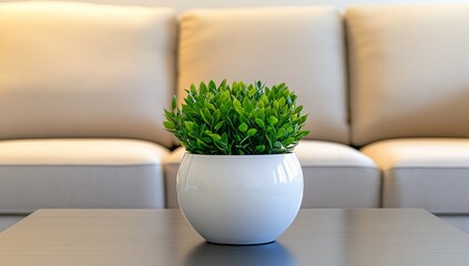 A white ceramic pot with green leaves is placed on the coffee table in front of beige sofas