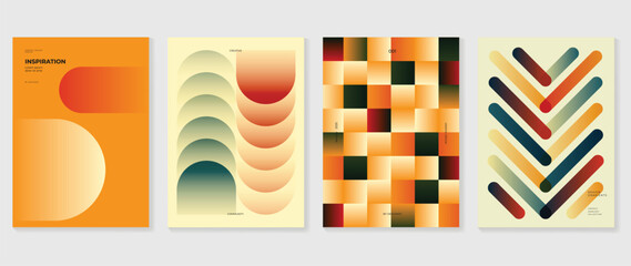 Collection of 70s color gradient poster background vector. Set of retro wall decoration, groovy, trippy, geometric shape. Vintage hippie wall art for interior, decorative, banner, cover, card. 