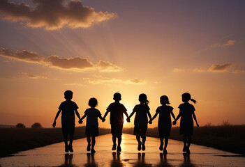 Group of children holding hands and walking into the sunset.