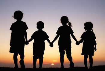 Group of children holding hands and walking into the sunset.