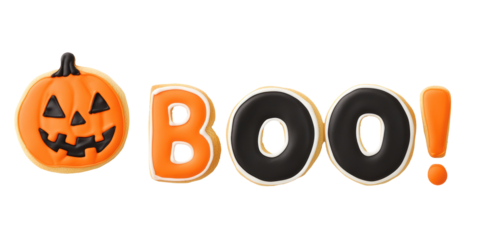 Halloween-themed "BOO!" made of decorated cookies in orange, black, and white. Ideal for spooky or festive designs.

