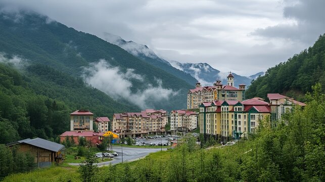 The Rosa Khutor mountain Olympic village in Sochi on a summer cloudy day, surrounded by lush greenery and misty peaks, with the village's alpine architecture blending into the natural landscape.