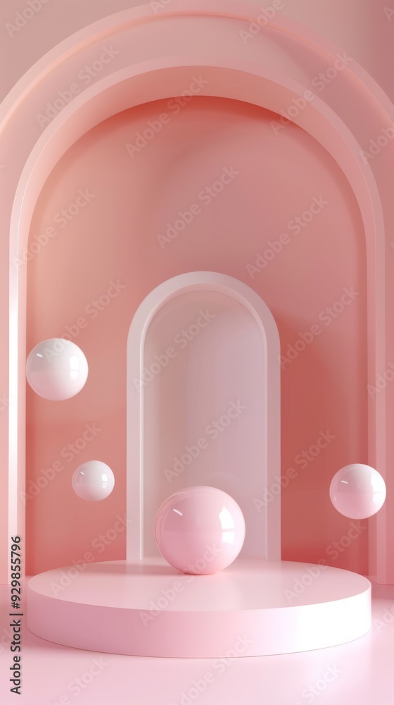 Poster a serene, light pink space features elegant, floating spheres and forms, creating a calm and modern 