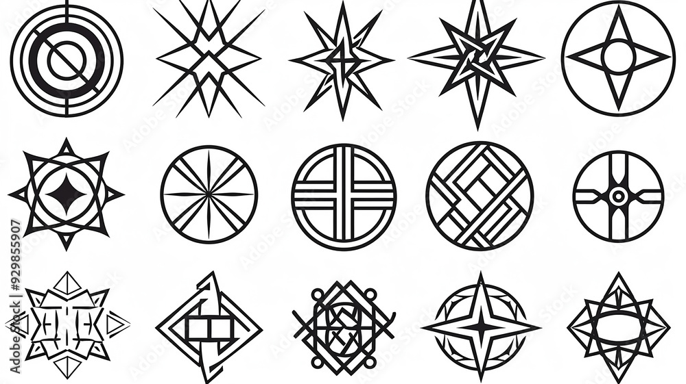 Sticker set of fictional symbols of rune icons on a white background, mystical logos and signs collection on