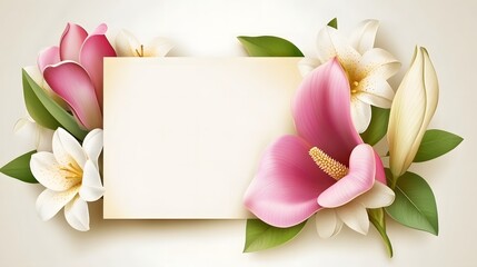 A blank card surrounded by pink and white flowers with green leaves. Template for quotes, and greetings cards.