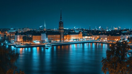The Stockholm city skyline and streets illuminated at night, with the lights reflecting off the water, showcasing the beauty of Sweden's capital in the evening.