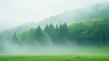 Trees enveloped in mist in Ninohe District, Iwate, Japan, creating a serene and mysterious atmosphere.
