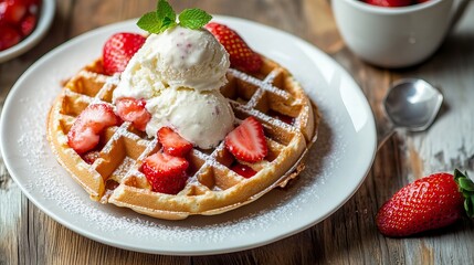 A plate of waffles topped with fresh strawberries and a scoop of vanilla ice cream, served on a table.