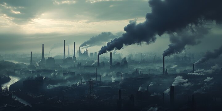 Industrial Revolution Cityscape: Smokestack Silhouettes and Factory Skyline at Dawn. Atmospheric Depiction of Early Urban Industrialization, Capturing the Essence of Progress, Labor, and Societal Tran