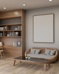 Interior design of a contemporary, spacious private office lounge features a minimalist wicker sofa.