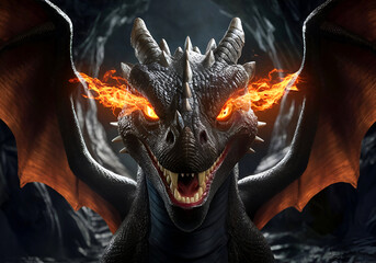 Black Dragon with Fiery Eyes Captivating and Intense Fantasy Art.