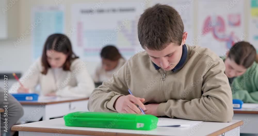 Poster high school, test and confused student in classroom with development, attention or learning disabili