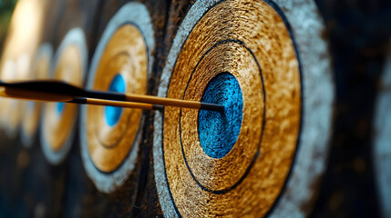 An arrow hitting the center of a target in archery practice.