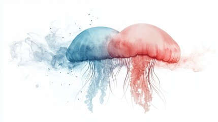 A stunning digital illustration of two jellyfish, one blue and one red, creating a beautiful aquatic scene.