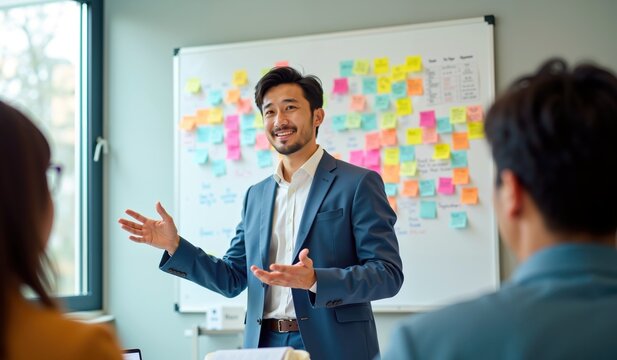 Young Asian Male Professional Presenting Creative Ideas During a Collaborative Team Meeting