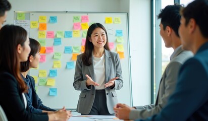 Young Asian Businesswoman Presenting Creative Ideas During a Collaborative Team Meeting
