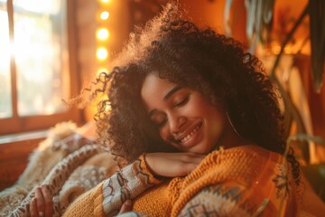 Joyful Cozy Autumn Afternoon, Happy Biracial Teen with Curly Hair - Perfect for Emotional Stock Photography
