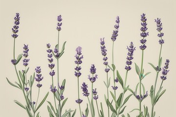 Obraz premium A botanical illustration of a lavender plant, showcasing its tall stems and small purple flowers in fine detail