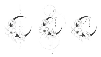 Elegant thin line moon flower contour tattoo, floral spiritual mystic element, Esoteric boho magic illustration, Line, leaves and dors decoration © Alyona