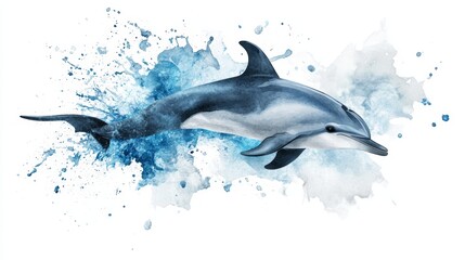 Obraz premium Elegant dolphin swimming amidst vibrant splashes of blue watercolor, symbolizing freedom and grace in the ocean environment.