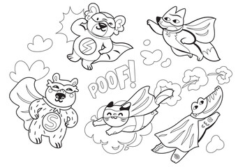 Set of cute Superhero cartoon animals in outline