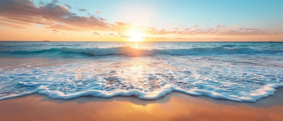Fototapeta premium The sun sets over the ocean as a wave approaches the shore