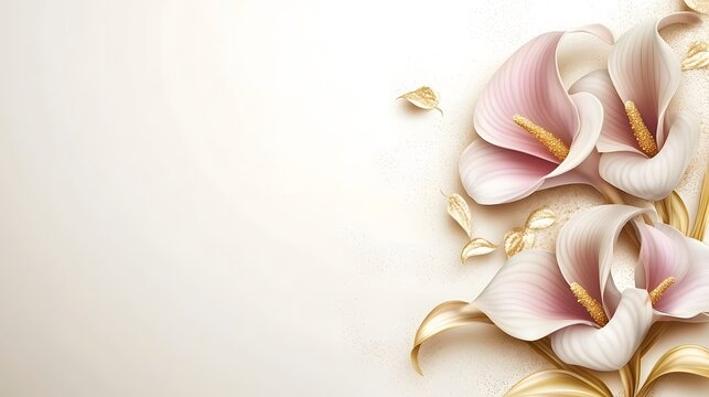 Pink and gold calla lilies with golden glitter on a cream background. Template for quotes, and greeting cards