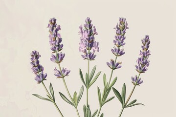 Obraz premium A botanical illustration of a lavender plant, showcasing its tall stems and small purple flowers in fine detail