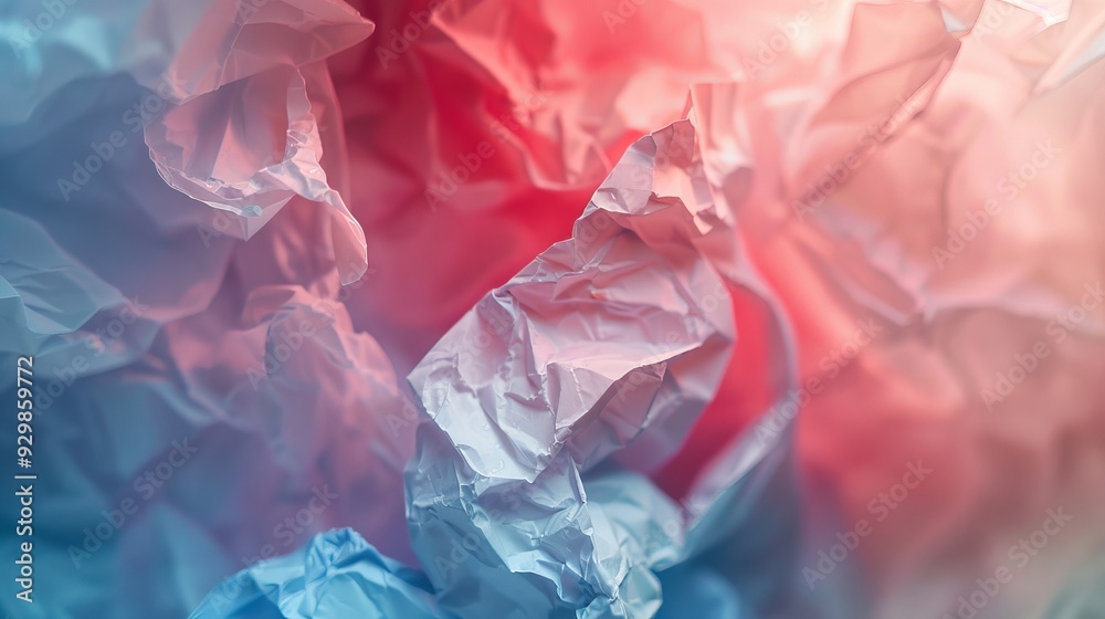 Poster crumpled red and blue paper fills the frame, showing intricate textures against a soft, unfocused ba