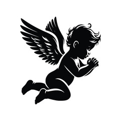 silhouette of flying baby angle black and white vector illustration