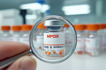 Hand holding a magnifying glass over MPOX