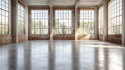 Obraz premium Bright, spacious industrial interior with large windows and concrete floor.