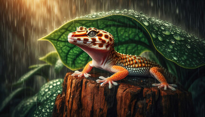 AI Generate, illustration of a gecko taking shelter under a leaf, when it rains

