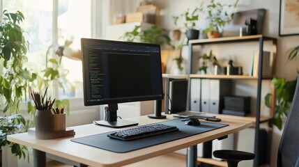 Modern Home Office Workspace with Computer and Plants.