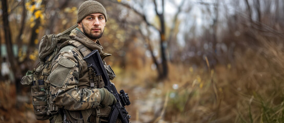 Obraz premium A soldier, dressed in full tactical gear, stands alert in a woodland area during the autumn season. He is holding a rifle, looking poised and ready for action amidst the trees and fallen leaves.