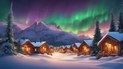Fototapeta premium Serene aurora village nestled in the heart of a snowy wilderness, visualize a small cluster of cozy wooden cabins, their rooftops blanketed in snow, with warm lights glowing from the windows