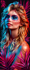 Obraz premium A woman with blue and pink face paint and a green and purple background. The woman is naked and has a flowery background
