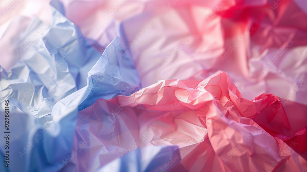 Poster colorful crumpled paper features rich reds and blues, showcased with a gentle blur in the background