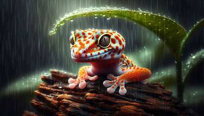 AI Generate, illustration of a gecko taking shelter under a leaf, when it rains
