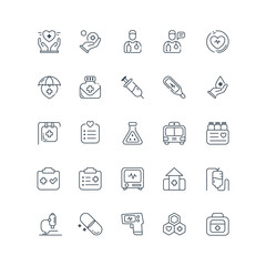 Set of 25 Minimalist Healthcare Icons in Line-Art Style, Featuring Symbols like Heart, Healthcare Professional, Ambulance, Microscope, and More, Representing Medical Services, Care, and Research