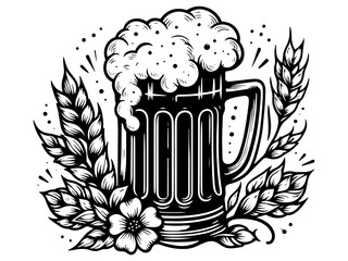 Retro beer mug with frothy top in black and white illustration. Vector, generative ai.