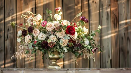 Fototapeta premium Ceremony floral arrangement set against a wooden setting