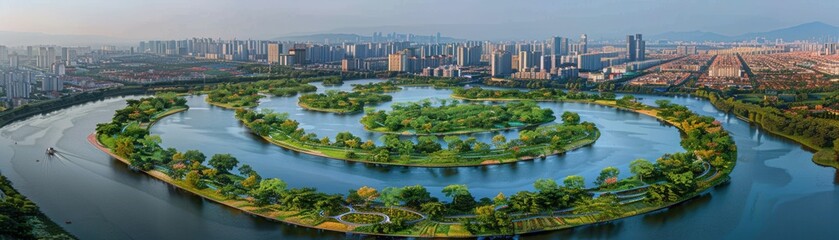 Naklejka premium Aerial view of a city with lush green parks surrounded by water bodies, showcasing urban and natural harmony.
