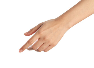 woman hand touching or pointing on isolated white background.