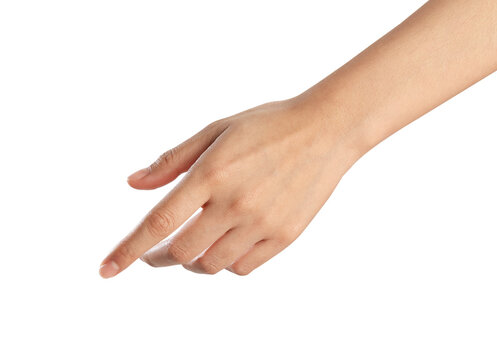 woman hand touching or pointing on isolated white background.