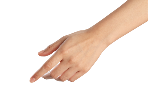 woman hand touching or pointing on isolated white background.