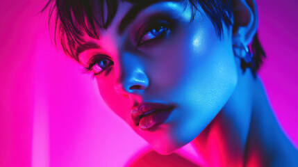 Beautiful woman with short hair, glowing skin and makeup in neon light, close-up portrait, fashion